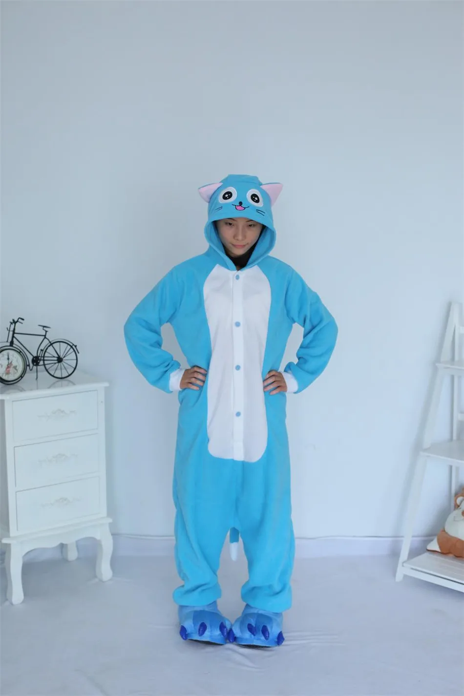 Мультфильм животных Хэллоуин kigurums Новый взрослый синий Happy Cat Onesie пижамы