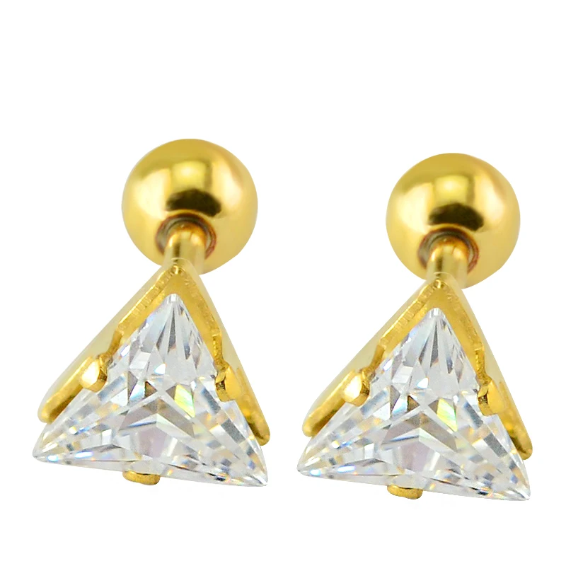 Серьги гвоздики с фианитами для пирсинга уха треугольные серьги прокола