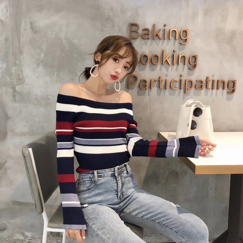 2019 autumn winter Korean wild models Geometric color matching Bell sleeve slim stretch sweater women clothing |