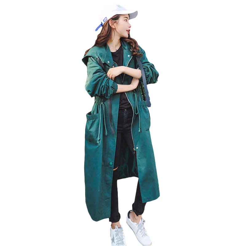 

Korean 2018 Tooling Autumn Windbreaker Long Hooded High Waist Drawstring Student Casual Women Trench Coats Casaco Feminino J622
