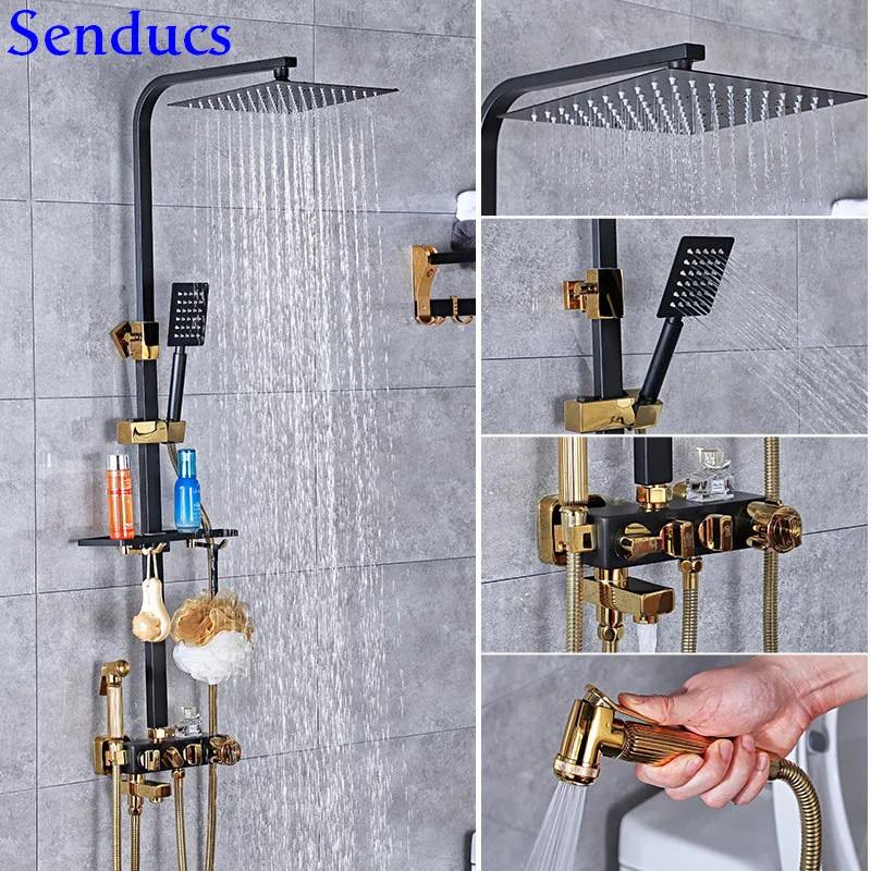 

Senducs Black Gold Shower Set Quality Brass Bathroom Shower Sprayer New Arrival Black Shower Faucet Square Shower System