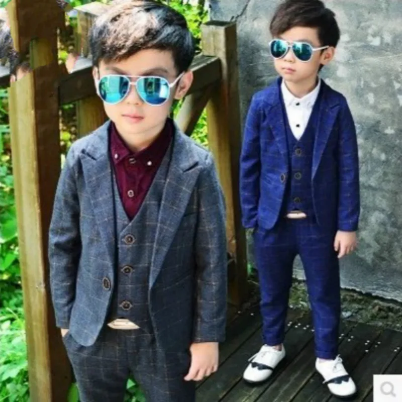 

2019 New Child Blazer Suits for Boys Wedding Child Costume Coat + Pants + Vest Boy Suits Formal Plaid Garment Infantil Menino