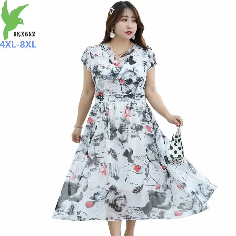

New Summer Chiffon Dress Plus size 4XL-8XL Women Short sleeve Print Beach Dresses Female Fashion Slim Maxi Dresses Vestidos G304