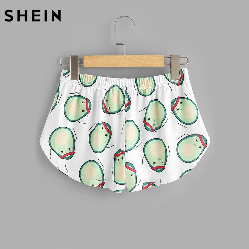 SHEIN Повседневный Женский комплект из двух предметов,, летний комплект с мультяшным принтом авокадо, футболка с коротким рукавом и шорты с эластичной резинкой на талии