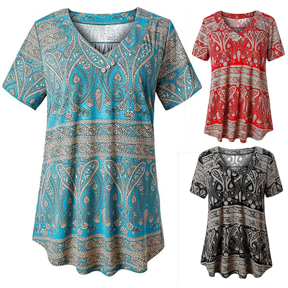 Fashion 2020 Summer Boho Floral Printed Loose Beach Party Shirt Women Casual V-Neck Button Short Sleeve T hot sale | Женская одежда
