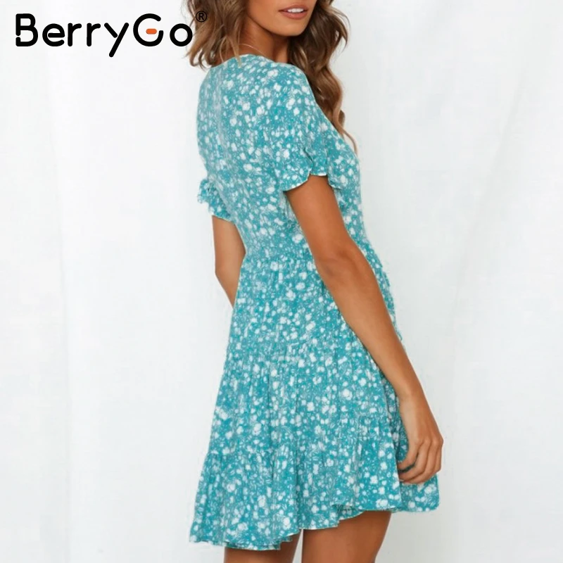 BerryGo Boho Летнее платье с цветочным принтом для женщин v-образным вырезом голубое