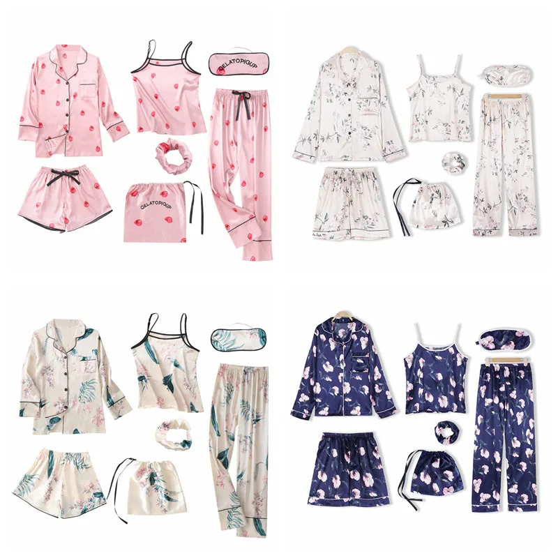 Пижама JULY'S SONG женская розовая в полоску, пижамный комплект из 7 предметов, одежда для сна, домашняя одежда на весну и осень от AliExpress RU&CIS NEW