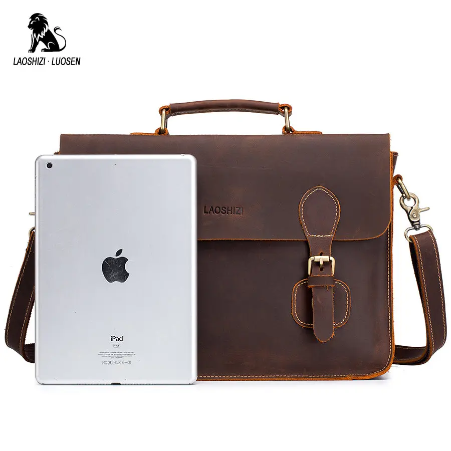 LAOSHIZI LUOSEN Men's Vintage Crazy Horse Leather Briefcase Messenger Shoulder Portfolio Laptop Bag Case Office Handbag