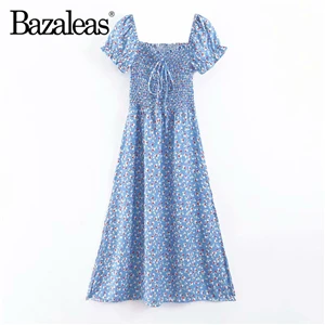 Bazaleas Винтаж Цветочный Принт синий Vestido Chic разделение для женщин миди платье Мода Центр Лук летнее повседневное Прямая - Цвет: Y27 blue 6187