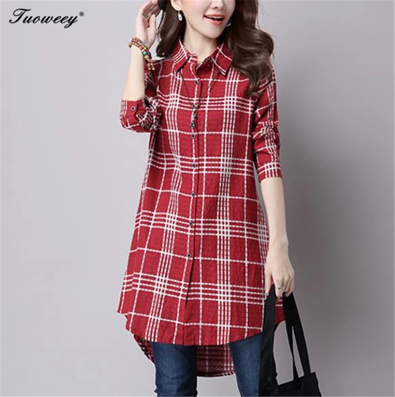 

2020 New summer cotton laid long blouses shirt Cage female long sleeve casual loose women plus size shirt office lady tops