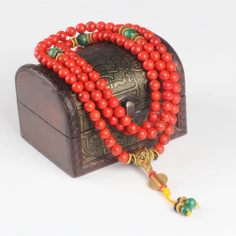 

Sennier 108 Red Coral bracelet natural stone beads mala necklace buddhist prayer rosary strand bracelets buddha Meditation