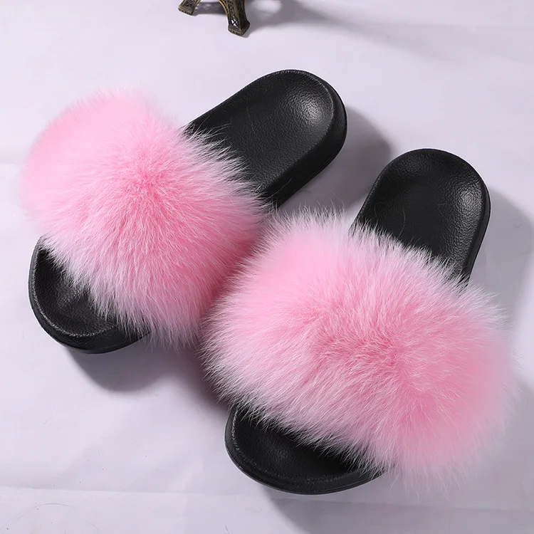 2018 Slipper For All Seasons Woman Fox Fur Slides Fluffy Real Hair Slippers Flat Non Slip Indoor Flip Flops Casual Furry Sandals | Обувь