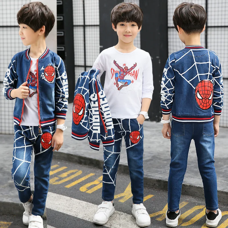 2017 Autumn Spiderman Boys Outwear Suits Spring Cartoon Boy Clothes Set Warm 3pcs Children Clothing Kids Cowboy Costumes | Детская