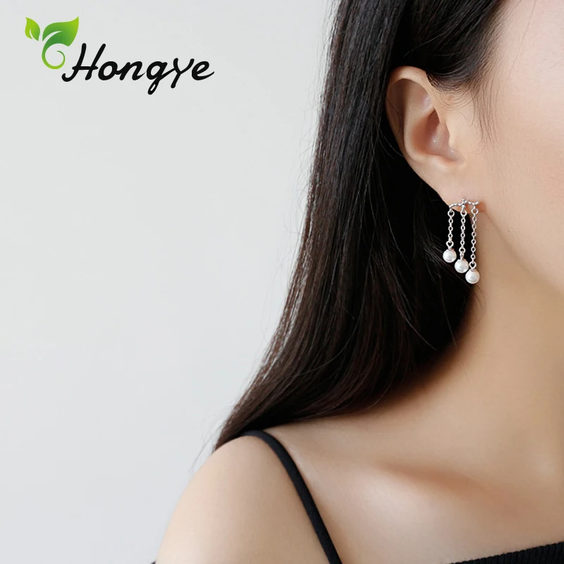Hongye Серебро 925 Висячие серьги девочки наклонные кисточки Винтажный стиль украшения для ушей, серьги натуральный жемчуг из ракушки большие серьги