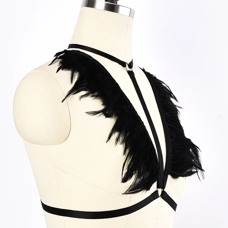 Женский бюстгальтер из черного пера Goth с отверстиями ремешком для тела