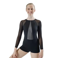 adult girls black blue gymnastics leotard long sleeves shortard unitard microfiber lycra mesh zipper back ballet bodysuit