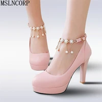 plus size 34 43 spring summer women round toe pumps high heels shoes wedding feminino platform pearls ankle strap dress shoes