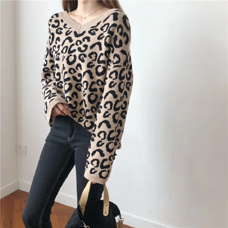 Корейская Уличная Повседневная Leopard цвет двойные v-образным вырезом свитер