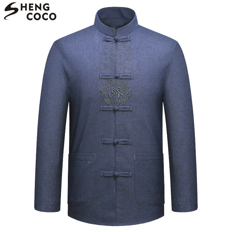 SHENG COCO Male Chinese Tops Autumn Winte Add Cotton Embroidery Men Tang Tops Coat Blue Clothes Plus size 2XL 3XL