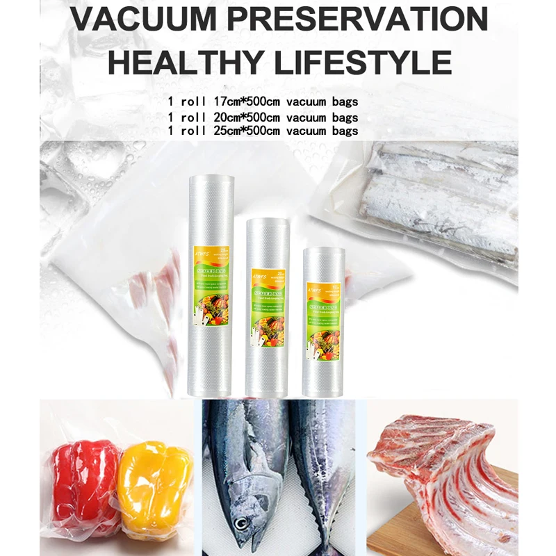 ATWFS 3 рулона Вакуумный пакет Vakum запайки упаковочная машина кухня вакуумный упаковщик пакеты для еды долго сохранения продуктов 17+ 20+ 25*500 см