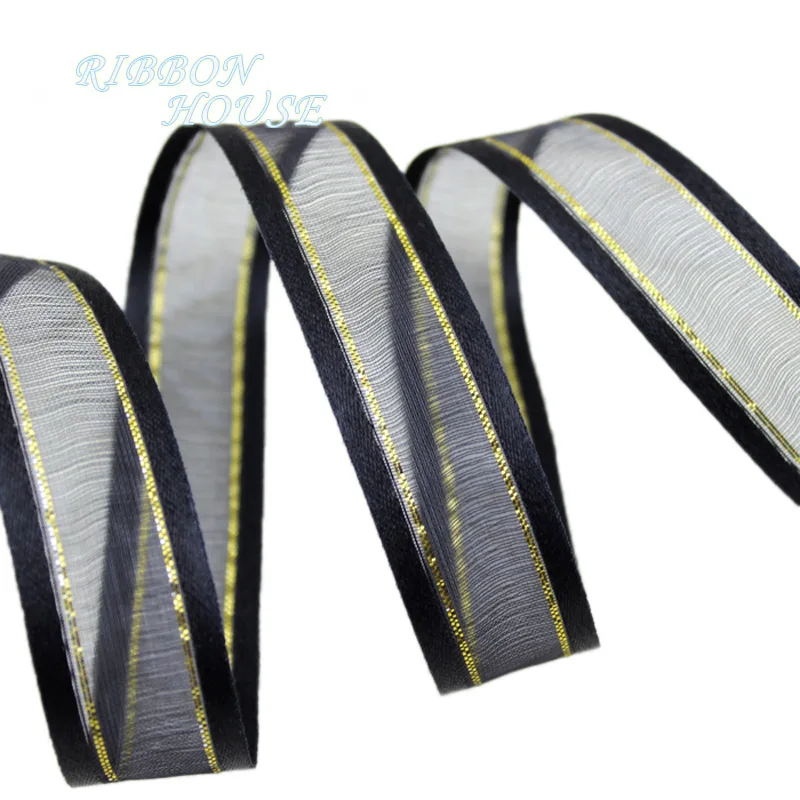 20 мм черные ленты из органзы с золотыми краями оптовая продажа декоративные для