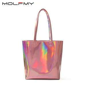 Сумка-тоут женская с лазерной голограммой, кожаная сумочка на плечо, чемоданчик большой вместимости для покупок, повседневный саквояж серебристого цвета