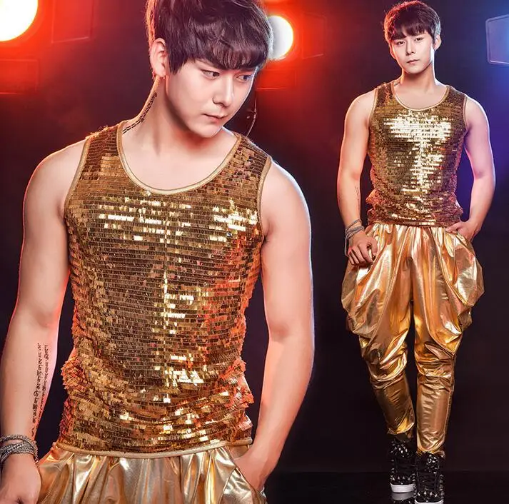 Gold men's clothing star style dress punk rock clothes paillette mens sequins vest costume singer dance stage fashion