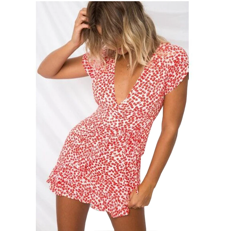Летнее женское платье оборками печати Сексуальная Bodycon пляжное Женский шифон