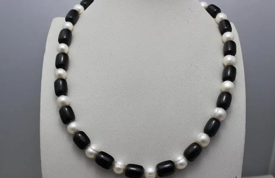 Новый белый пресноводный жемчуг ожерелье 8-9 мм и черный агат металлическая