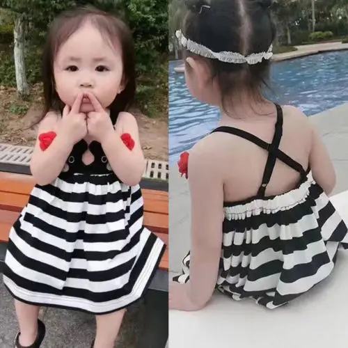2018 Summer New Cute Baby Girls Rainbow Striped Dress Kids Toddler Bear Strap Casual Dresses Clothes Child | Детская одежда и