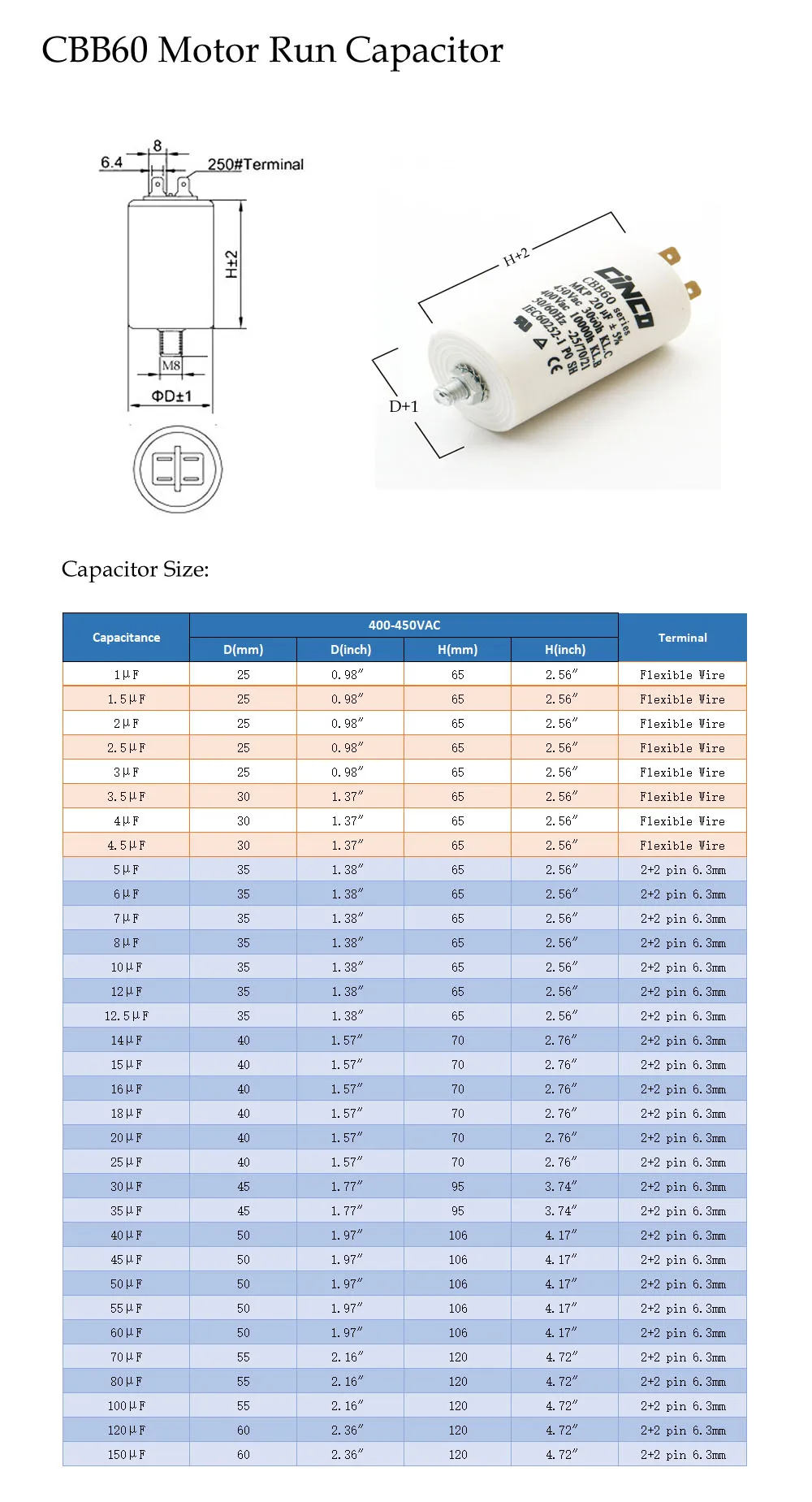 CINCO 400 V 450 V CBB60 CBB65 1 мкФ-150 мкФ мотор рабочие конденсаторы 4pin провод SH дБ старт AC 450VAC двигатель водяного насоса начиная бег P0
