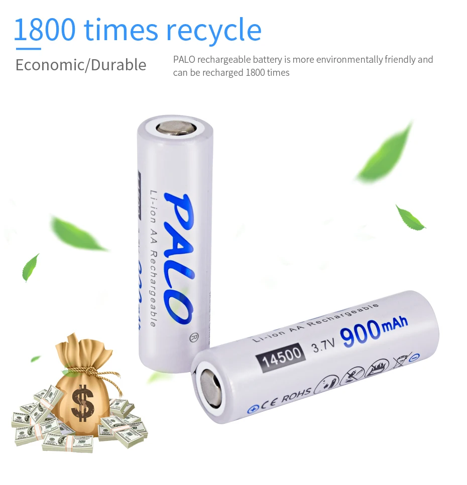 PALO 14500 900mAh 3,7 V литий-ионная аккумуляторная батарея AA литиевая батарея для светодиодных фонарей, налобный фонарь, мышь