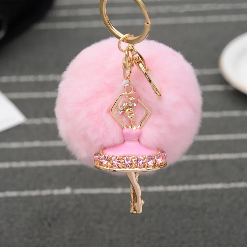 

Fashion Ballerina Girl Fluffy Real Rabbit Fur Ball Keychain Car Key Chain Ring Decoration For Women Purse Bag Jewelry EH766