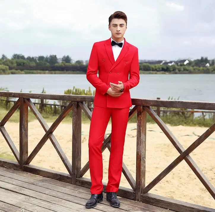 Blazer men groom suit set with pants mens wedding suits costume singer star style dance stage clothing red formal dress | Мужская одежда