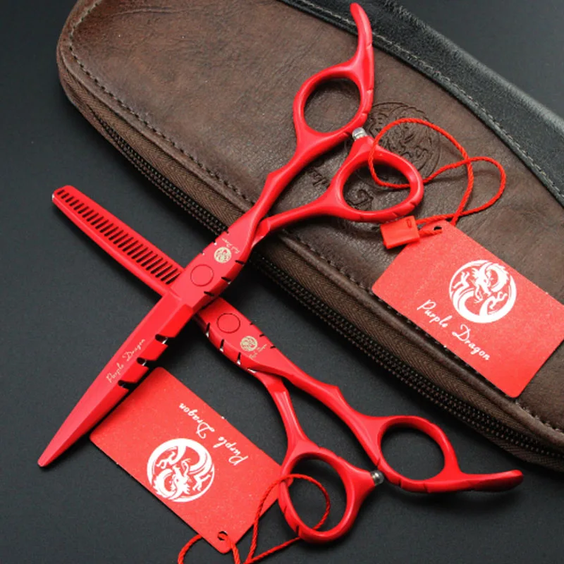 Red set Парикмахерские ножницы с фиолетовым драконом, 6,0 дюймов, 4 цвета, профессиональные ножницы для волос, набор для резки и истончения, парикмахерские ножницы для салона - Цвет: Red set