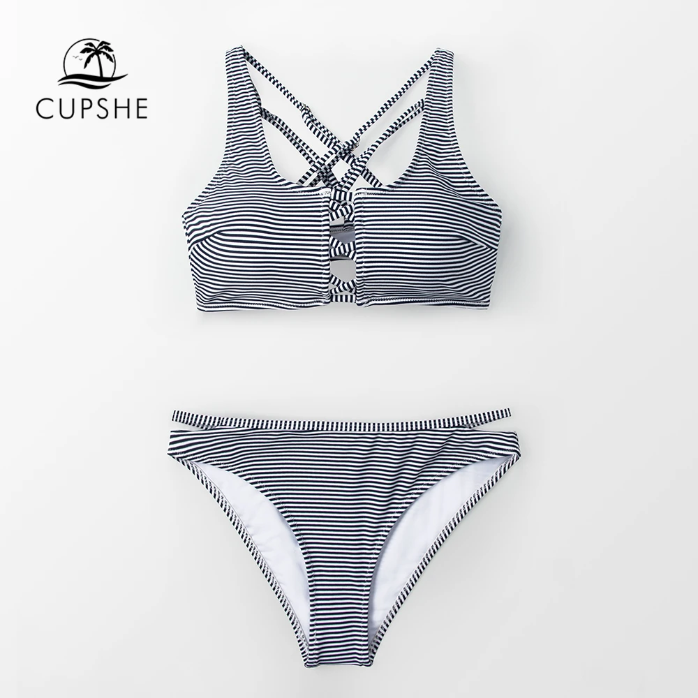 CUPSHE пикантные синий и белый в полоску Strappy женские комплекты бикини крест накрест