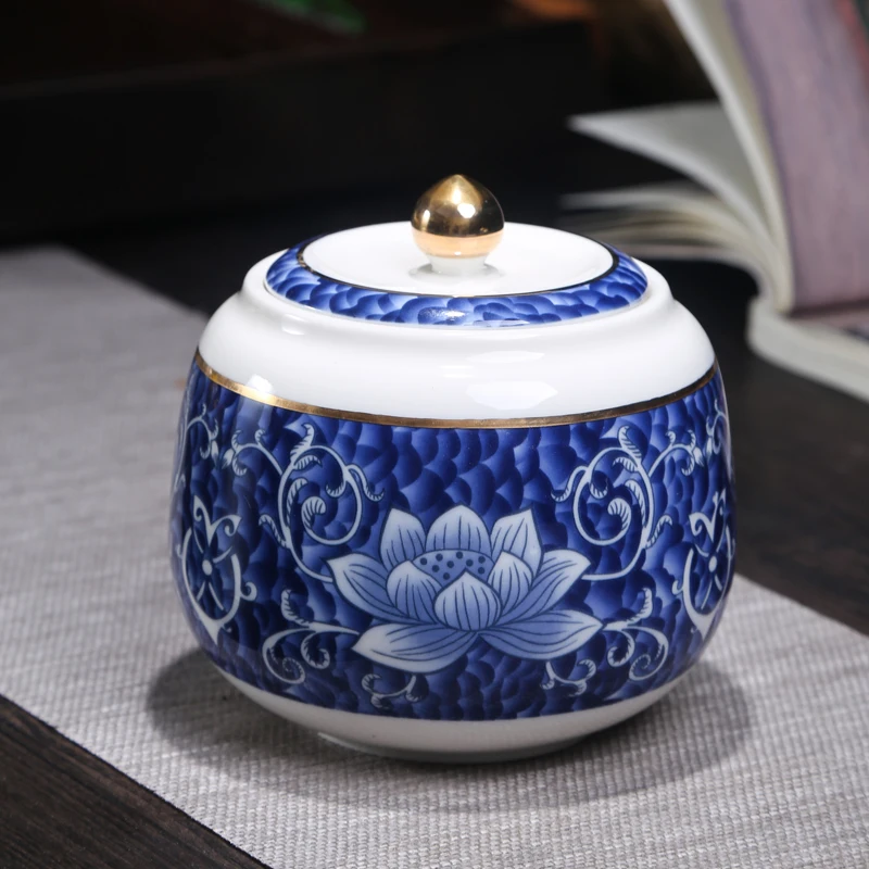 

Jingdezhen Blue and White Porcelain Kung Fu Tea Set Tea Caddy Ceramic Tea Cans Sealed Storage Canister Kitchen Accessories Decor