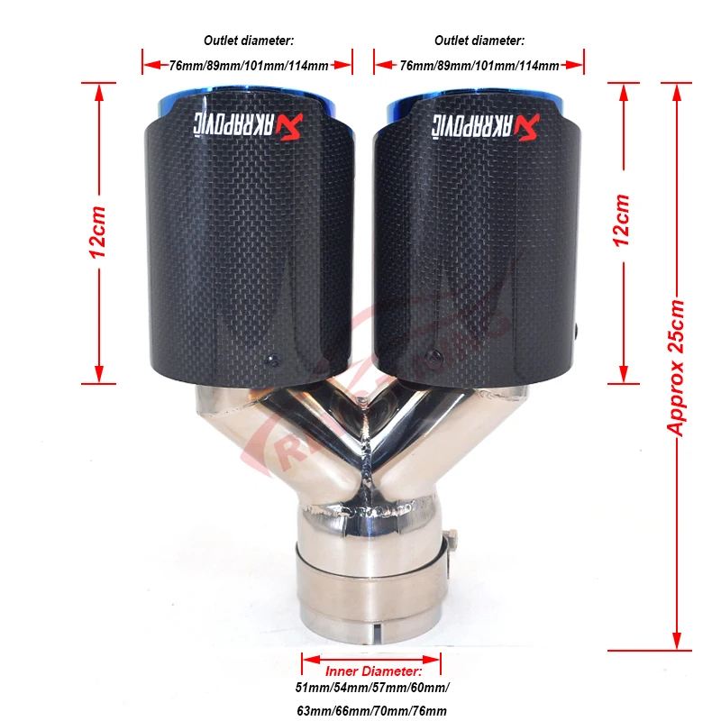 ID: 51 мм 54 57 60 63 66 70 76 Car синий Утомленные Сталь akrapovic двойной углеродного волокна
