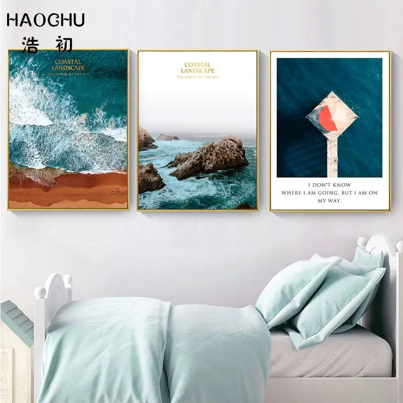 Simple Modern Landscape Home Decor Triple Pictures The Clear Sea With Big Rocks White Waves Smart Bridge Paintings Canvas Poster | Дом и сад