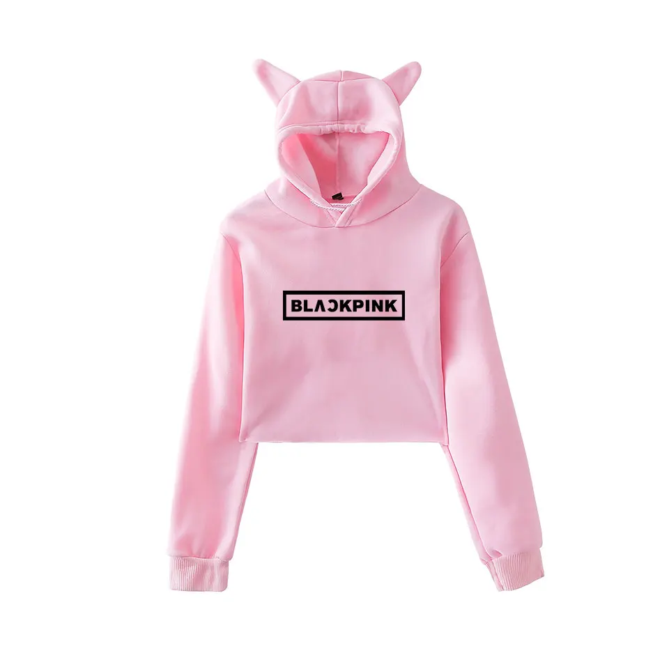 WEJNXIN Kawaii худи с кошачьими ушами для женщин Kpop BLACKPINK вентиляторы Толстовка поддержка дамы BLACKPINK Письмо печати укороченный Топы Одежда