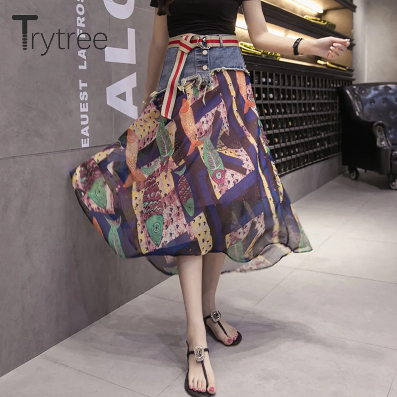 Trytree/Летняя асимметричная джинсовая Лоскутная шифоновая юбка с принтом и поясом