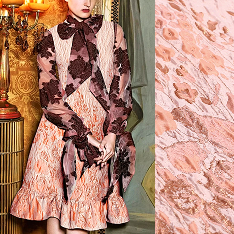 143*158CM 300G/M Weight Light Orange Jacquard Acrylic Polyester Golden Thread Brocade Fabric for Spring Autumn Dress Jacket E982 | Дом и сад