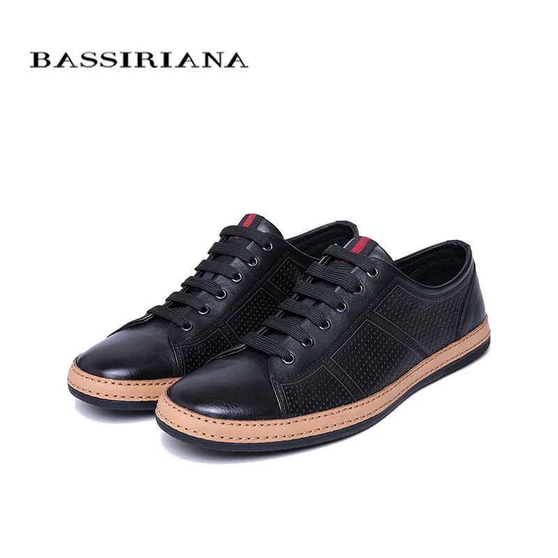 BASSIRIANA 2019 New Genuine Leather men casual shoes lace up comfortable round toe breathable black spring summer 39-45 size | Обувь