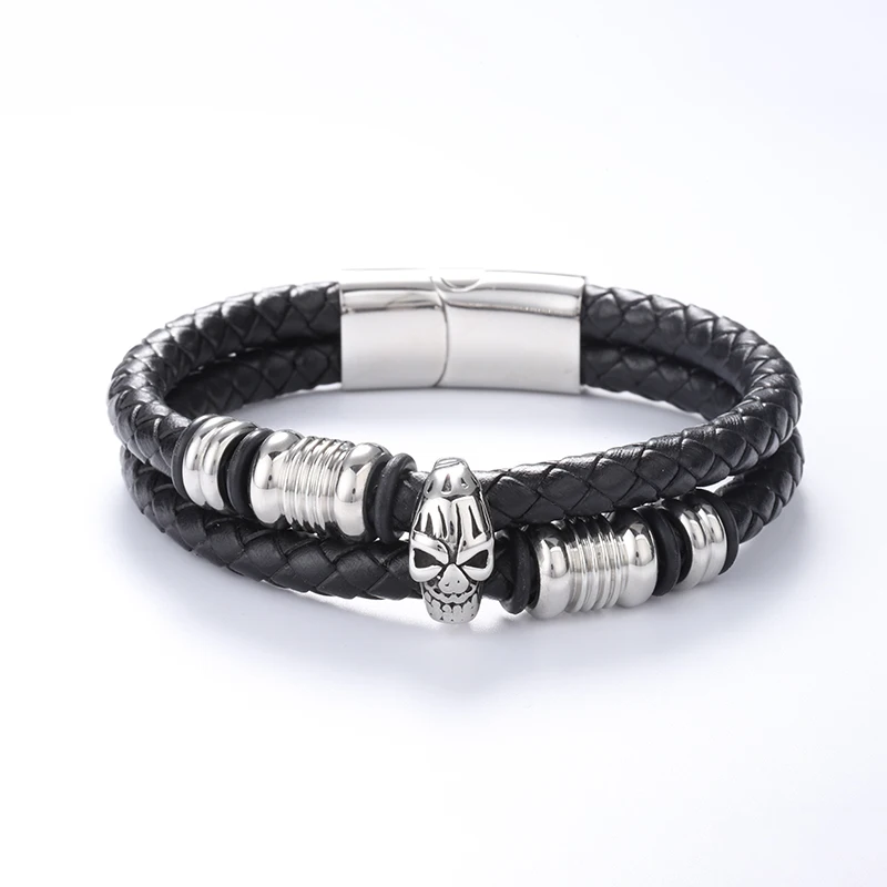 Singreal Punk Genuine Leather Bracelet for Men Jewelry Stainless Steel Beads Skull Magnetic Clasp Black Rope | Украшения и