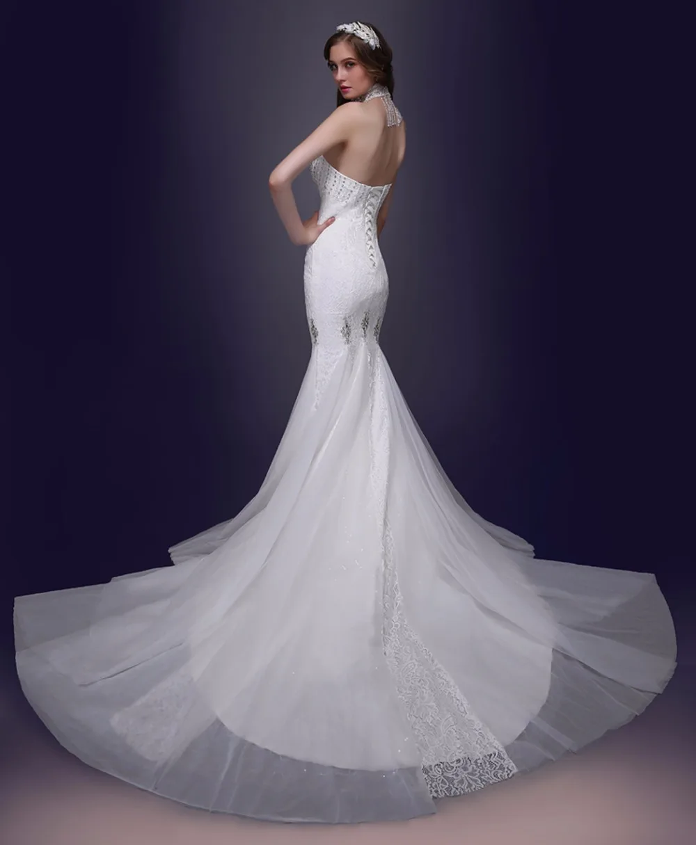 Sexy New Arrival Elegant High Neck Mermaid Wedding Dresses Appliques Beaded Lace up Back Tulle Bridal Vestidos De Novia | Свадьбы и