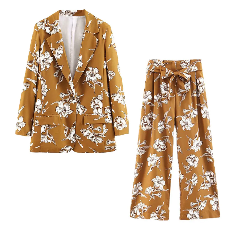 BLAZER AND PANT Летний костюм, комплект для отдыха, цветочный принт, блейзер, куртка, высокая талия, прямые брюки, костюм, комплект из двух предметов, женская одежда для отдыха - Цвет: BLAZER AND PANT
