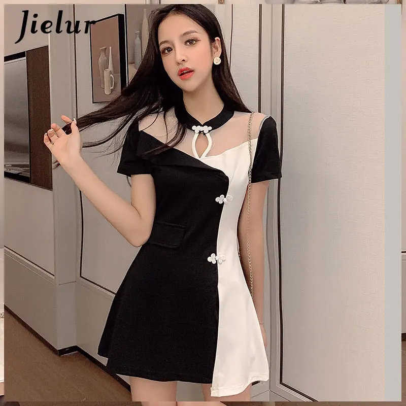 Черный Jielur корейское летнее платье для женщин со стоячим воротником Сетчатое мозаичное яркое цветное винтажное белое платье топ и юбка комплект элегантные женские костюмы - Цвет: Черный