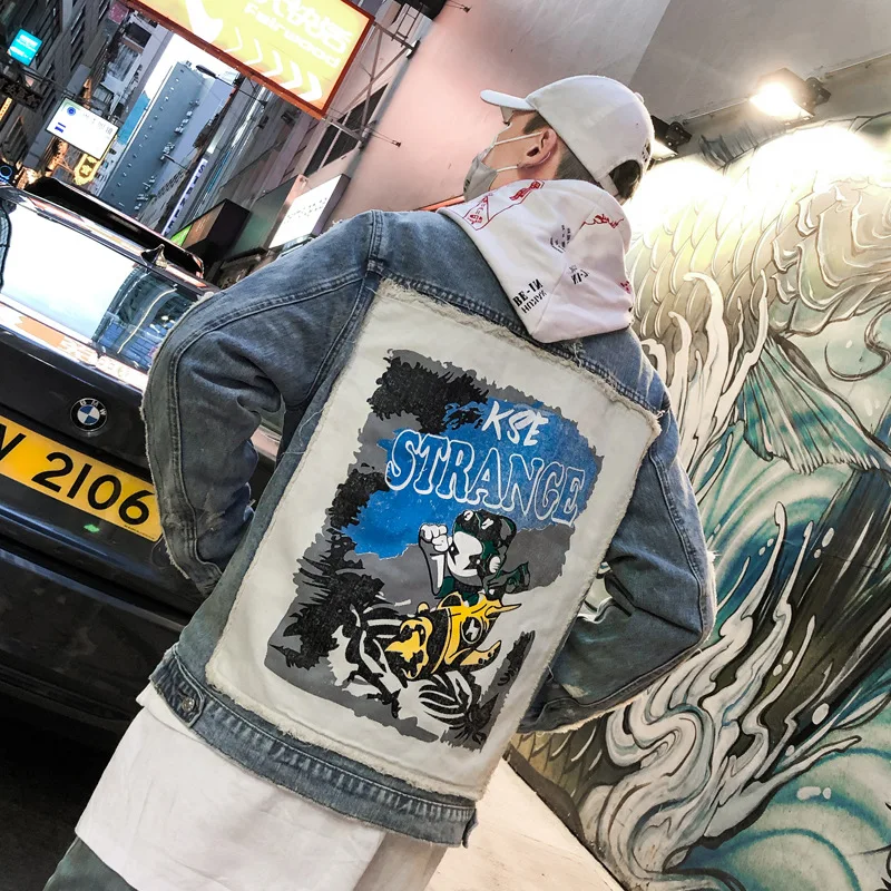 

ABOORUN Hi Street Men's Denim Jackets Hip Hop Oversized Patchwork Ripped Jeans Jackets Streetwear Male Fashion Autumn Coat x1286