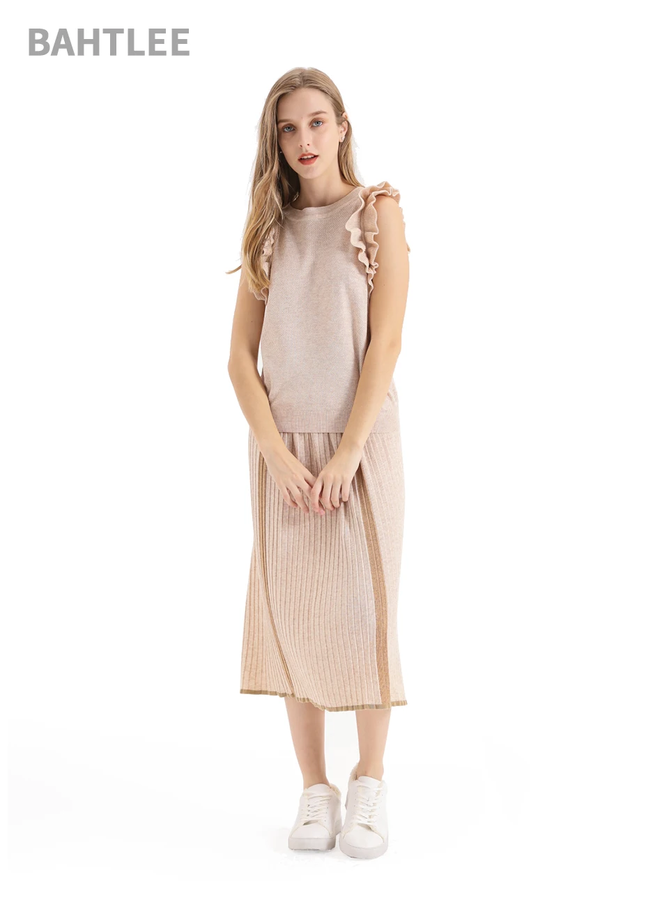 BAHTLEE Summer Frilled Trim knitted Slim Fitted Tee Sleeveless T-shirt Women Elegant Solid O-neck sweater Tshirt ruffles