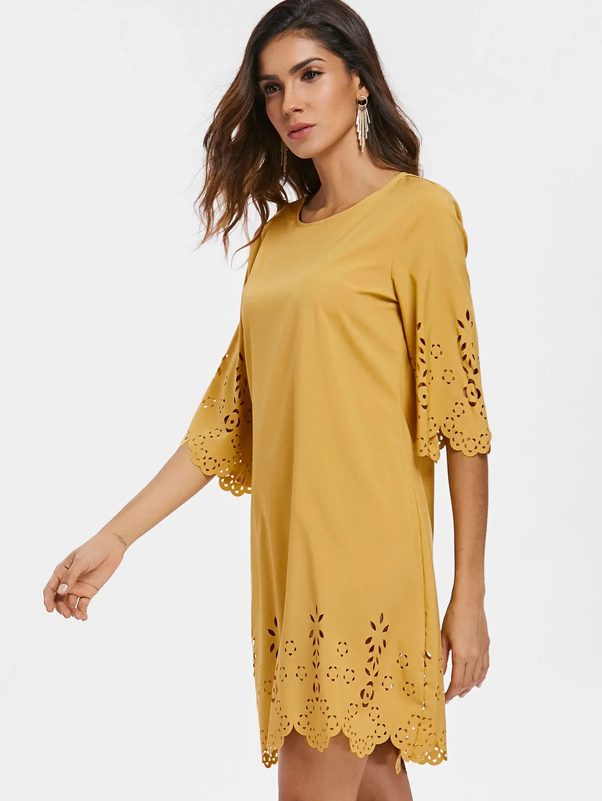 Женское мини платье с круглым вырезом VESTLINDA повседневное желтое свободное